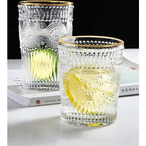 Tableware Crystal Whiskey Glass Cup Relief Glass Cup Juice Cup With Gloden Edge Thickened Water Cup Wine Cup Glass Party Use