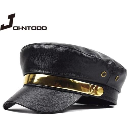 PU leather military hat spring and summer wool sailor cap for women men men black flat top female travel student hat captain cap