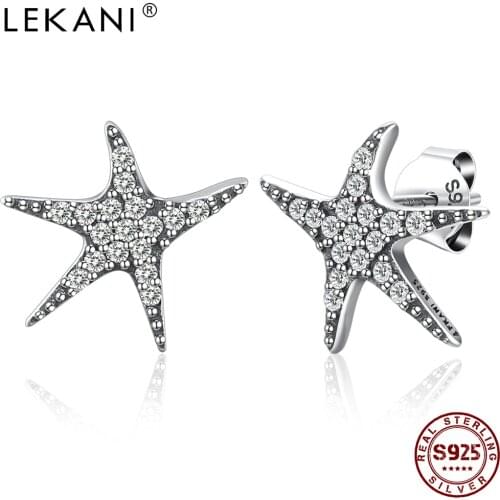 LEKANI 925 Sterling Silver Cute Sea Star Earrings For Women Trendy Full Cubic Zirconia Stud Earring Unique Design Fine Jewelry