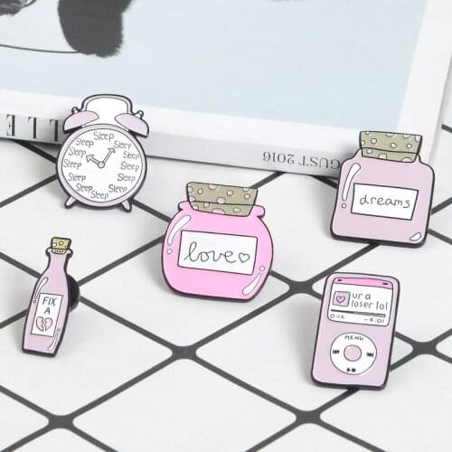 Cartoon Pink Collection Enamel Pins Sleep Clock Love Dream Bottle button badge Brooches Bag shirt Jewelry Gift for Girls trinket
