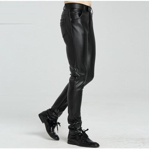 Autumn winter slim motorcycle faux leather pants men trousers pu feet pants for men plus velvet thicken pantalon homme windproof