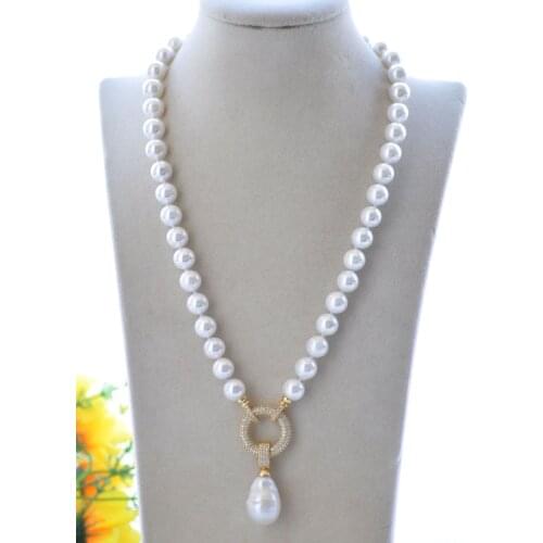 P7681 21" 22mm black White Keshi & Round shell Pearl Necklace Pendant CZ