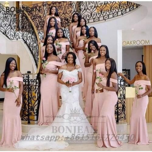 Peach Bridesmaid Dresses 2021 Mermaid IOff-The-Shoulder Elastic Satin African Bridesmaid Dress Plus Size for Women Wedding