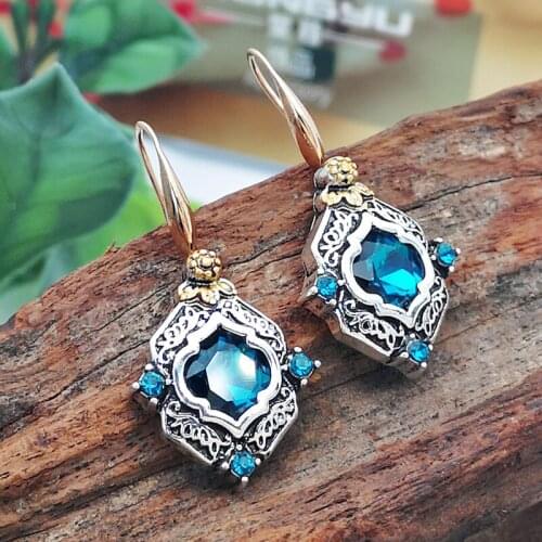 Plated 925 ancient silver hole Blue Crystal Earrings European and American engraved 18K gold color separation Earrings