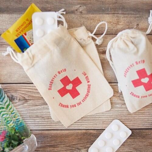 Custom red cross emergency bridal shower Bachelorette Hangover recovery Survival kit pouches wedding favor gift Muslin bags
