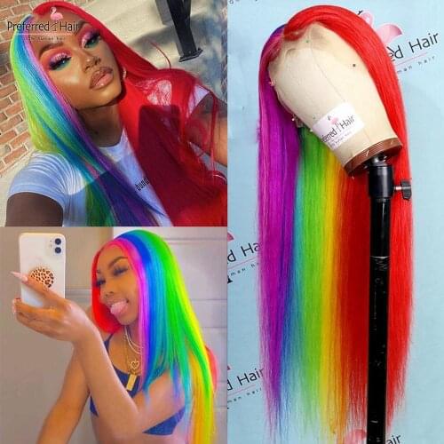Preferred Half Red Rainbow Human Hair Highlight Wig Brazilian Remy 13x4 Straight Lace Front Wig Transparent Lace Wigs For Women
