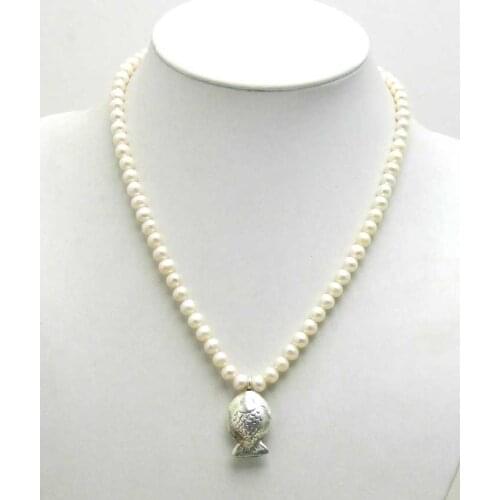Qingmos 6-7mm Round Natural Freshater White Pearl Necklace with Tibetan Silver Fish Pendant Necklace 17" Chokers Jewelry Nec5402