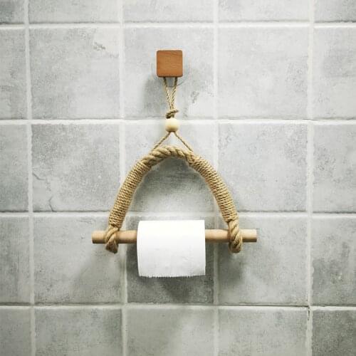 Natural wood paper rack hanging wall hook retro hanging rope toilet paper rack home hotel bathroom decoration paper holder