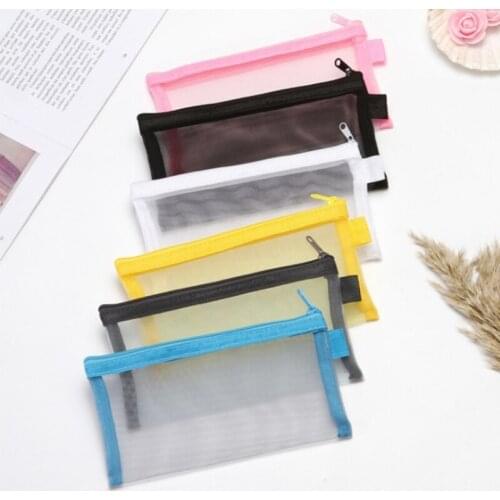 Net Yarn Pencil Bag Clear Zipper Pen Case Pouch Student Stationey Simple Transparent Pen Bag Organizer Office School Supplies