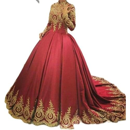 Vintage Red Muslim Evening Dress High Neck Ball Gown Gold Appliques Prom Dresses Elegant Long Sleeve Robe De Soirée De Mariage