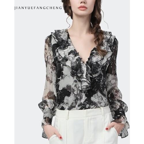Fashion Chiffon Blouse Tops Women V-Neck Long Sleeve Ruffles Loose-fitting Summer Shirts Plus Size Korean Black-white Print Tops