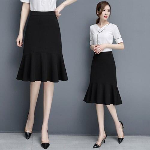 2021 New Spring Summer Womens Korean Ruffled Knee-length Midi Black Skirts Women High Waist Mermaid Skirt Jupe Femme Y372