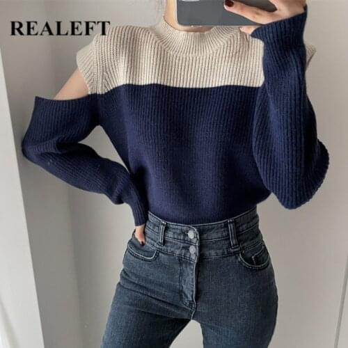 REALEFT Autumn Winter 2021 New Womens Pullovers Striped Long Sleeve Off Shoulder O-Neck Knitting Sweaters Knitwear Tops Female