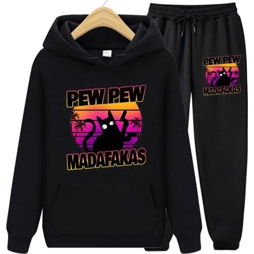 Womens Winter 2 Piece Set Kawaii Pew Pew Madafakas Print Long Sleeve Sweatshirt Hoodies And Fashion Long Pants Casual Tracksuit