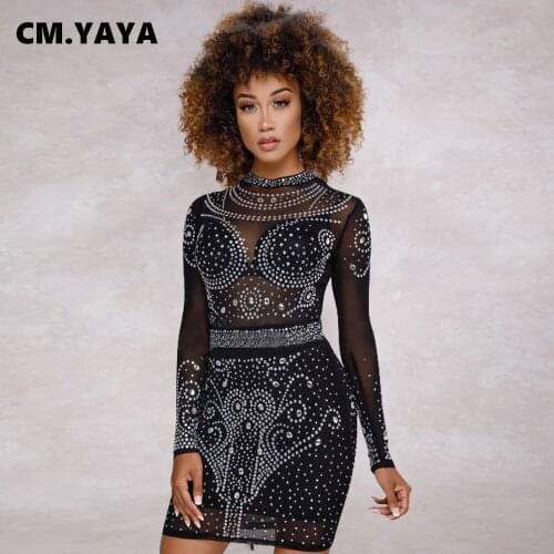 CM.YAYA Women Mini Dress Diamonds Mesh See-through Skinny Dresses Female Sexy Night Club Party Vestidos Autumn Outfits 2021