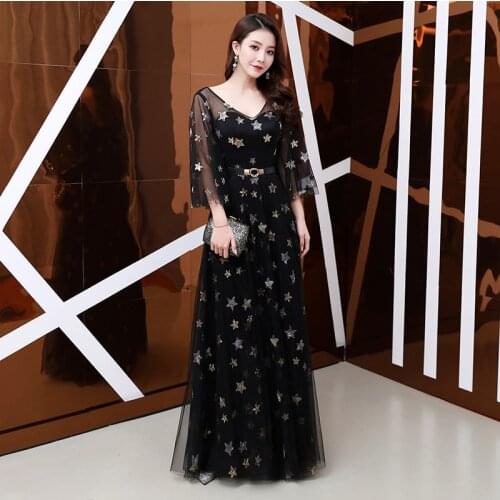 Black Sequins Appliques Evening Dress Elegant Empire A-Line Three Quarter Sleeves Floor-Length Woman Formal Party Gowns A1420