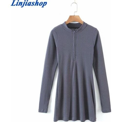 Spring summer women mini dress knitted zipper stretch long sleeve bodycon short dressess 4 color solid vestidos