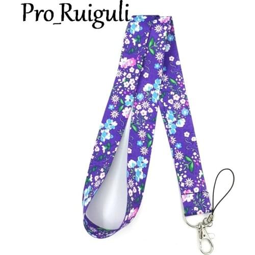 30pcs Purple Flowers Lanyard Keys Phone Holder Funny Neck Strap With Keyring ID Card DIY Animal webbings ribbons Hang Rope
