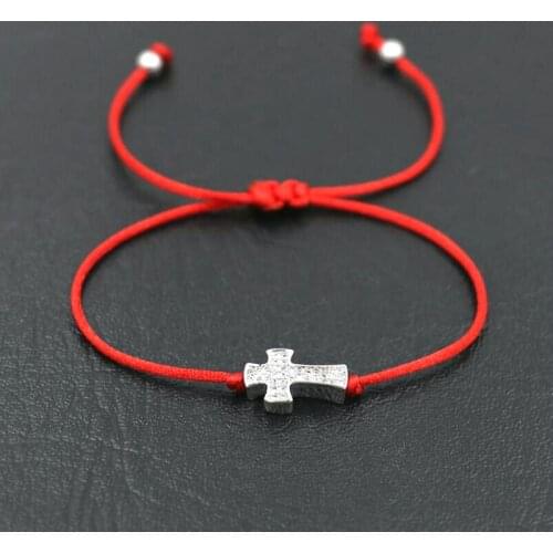 BPPCCR Silver Color Micro Crystal CZ Rhinestone Crosses Bracelets Red Rope Thread String Braid Bracelet For Men Women Pulseira