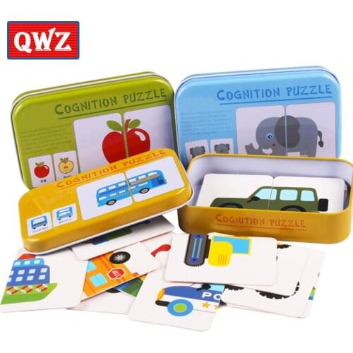 Baby Kids Cognition Puzzles Toys Toddler Iron Box Cards Matching Game Cognitive Cards Vehicl Fruit Animal Life Sets Pair Puzzles