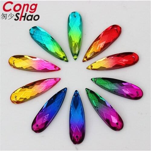 Cong Shao 100pcs 8*28mm Drop Dual color stones and crystals Acrylic rhinestone trim flatback sewing 2 Hole costume Button CS119