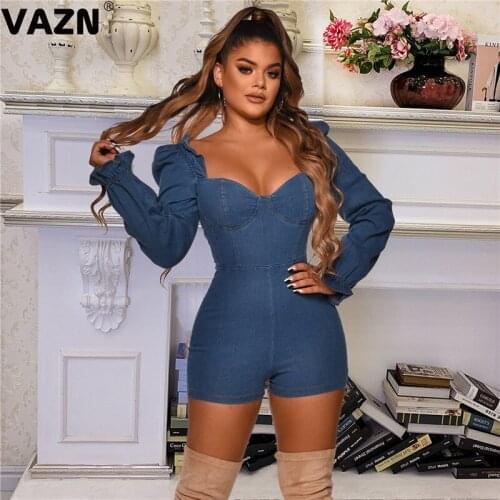 VAZN 2020 Hot Sales High-end Plus Size Denim Playsuits Sexy Office Elegant Full Sleeve High Waist Women Slim Playsuits