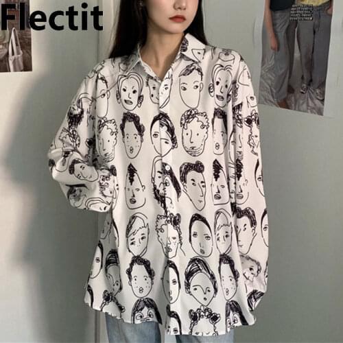 Flectit Print Shirt Women Long Sleeve Button Down Cute Head Print Oversized Tops Harajuku School Girl Outfits