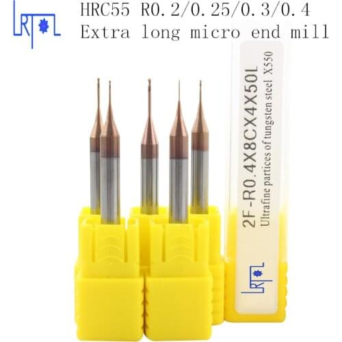 HRC55 R0.2 R0.25 R0.3 R0.4*4*50mm Micro extra long ball nose Solid Tungsten Carbide Long neck End Mill for CNC machine