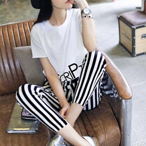 S12pcs/Set Women Fashion Lovely Printing Letter Stripe Haren Pants Harajuku Shorts T Shirt Set
