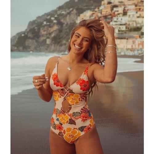 Sexy Push Up Brazilian One Piece Swimsuit Floral Print High Waist Bathing Suit Women Lace Up Swimwear Bodysuit Bandage Monokini
