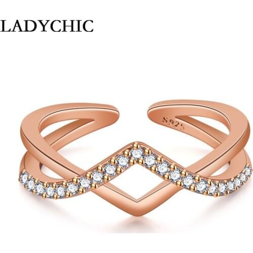 LADYCHIC Twisted Design Cubic Zircon Open Ring Rose Gold & White Gold Color Resizable Finger Ring for Women Jewelry Gifts LR1201