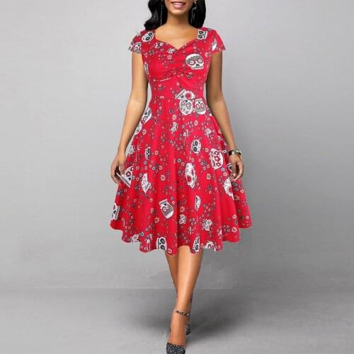 MISSJOY Vintage Elegant Party Dresses Women Skull Printed Summer Retro Cap Sleeves Rockabilly Hepburn Swing vintage Dress