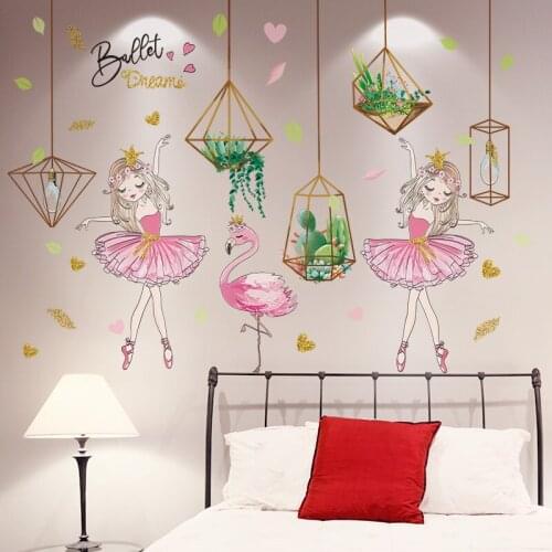 [shijuekongjian] Potted Plant Wall Stickers DIY Ballet Girl Flamingo Wall Decals for House Living Room Kids Bedroom Decoration