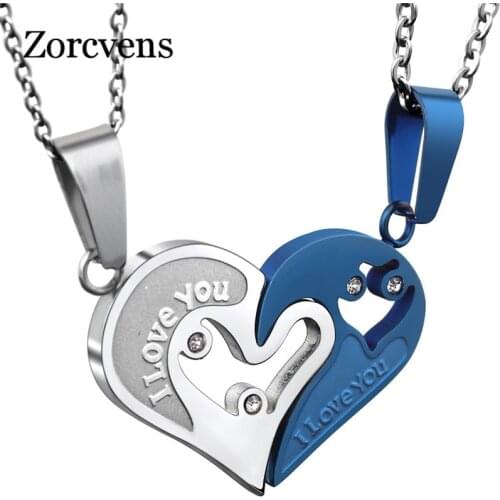 ZORCVENS New Fashion Blue Black Gold Color Stainless Steel Heart Pendant Necklaces for Men Women Wedding Couple Jewelry Gifts