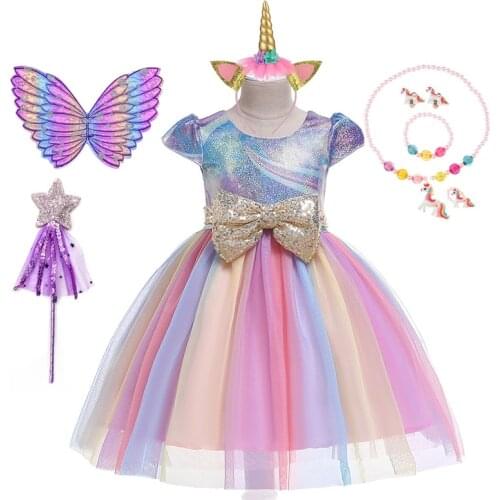 Chirstmas Princess Dress Rainbow Big Bow Fairy Frock for Girls Unicorn Party Dress Up Halloween Costume Cute Pony Horse Clothes