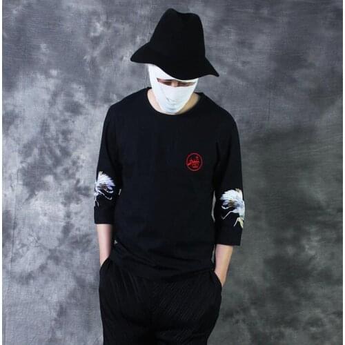 Vintage chinese style t-shirts men embroidery fifth sleeve linen t-shirt male black slim all-match o-neck 1 t-shirt mens black
