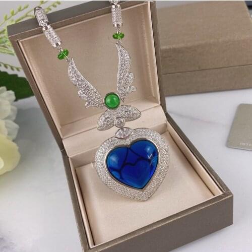 High Quality Fashion Silver Color Blue Gem Love Sweater Chain Full Zircon Ocean Heart Premium Pendant Necklace Women Jewelry