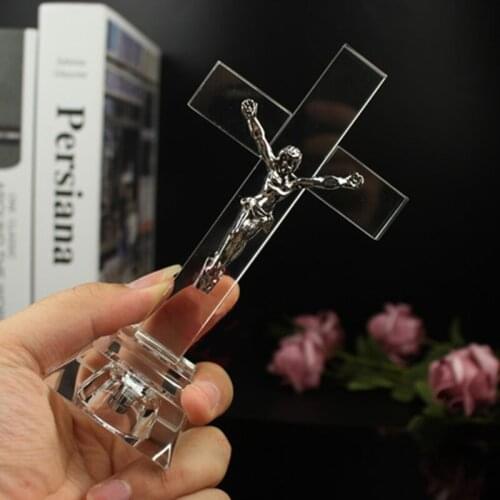 X7AB Christian Cross Church Ornaments Crystal Cross Jesus Statue Religious Style Desk