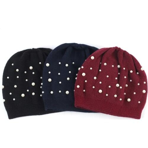 Women Cashmere Beanie Hats Winter Warm Wool Knitted Casual Beanie With Pearls Autumn Soft Solid Color Balavaca Skullies Beanies