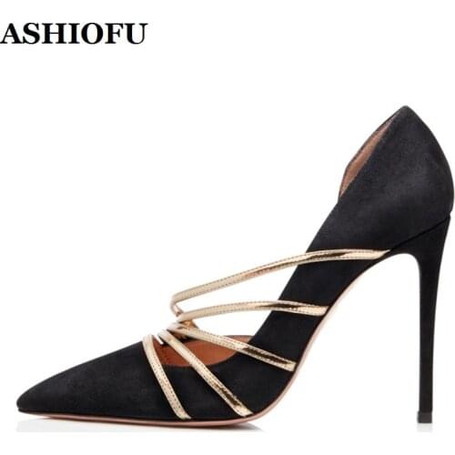 ASHIOFU Wholesale Handmade Ladies High Heel Pumps D'orsay Style Party Prom Dress Shoes Striped Evening Fashion Pumps Court Shoes