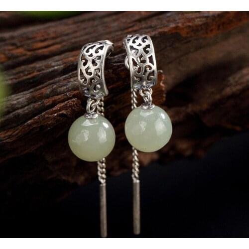 Ladies green long section Chinese style natural Hetian white jade inlaid round bead earrings exquisite fashion jewelry
