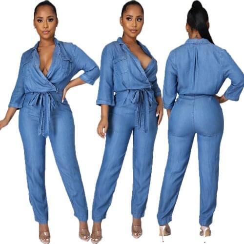 Autumn Women Denim Jumpsuit Romper Vintage Long Sleeve V-Neck High Waist Jeans Playsuit Casual Loose Overalls Fashion Streetwear