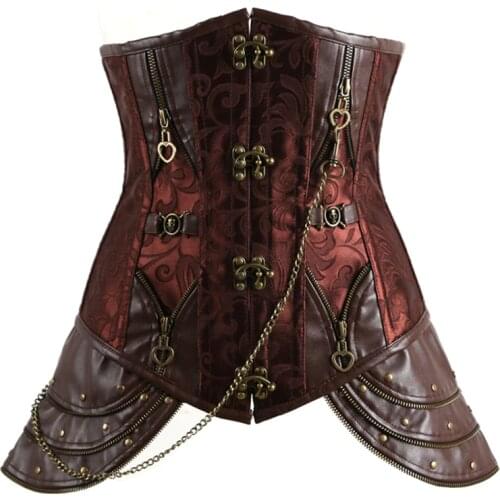 Hot Brown Gothic Vintage Corset Bustier Burlesque Steampunk Lace up Boned zipper Front Carnival Cosplay Costume Top Shirt XXXL
