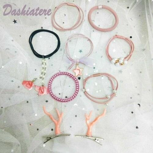 8pcs/lot Pink Stretchy Rope Hair scrunchies Ponytail Elastic Holder accessories Deer Ears Clips Pack Head Bands for Teen Girls