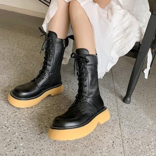2022 Autumn Winter Fashion Concise Women Ankle Boots Round Toe Genuine Leather Thick Heels Casual Platforms Shoes Woman