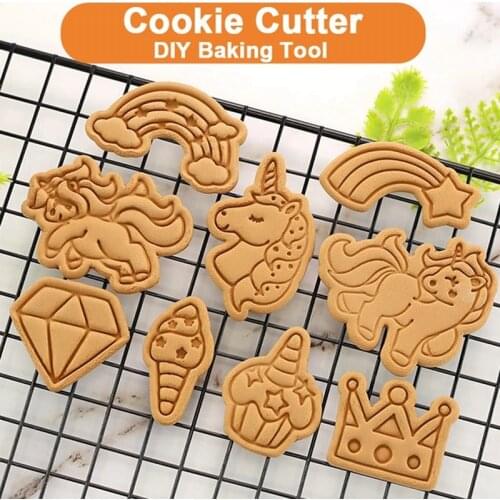 Unicorn Shape Cookie Cutters Plastic 3D Cartoon Pressable Biscuit Mold Cookie Stamp Kitchen Baking Pastry Bakeware Tool