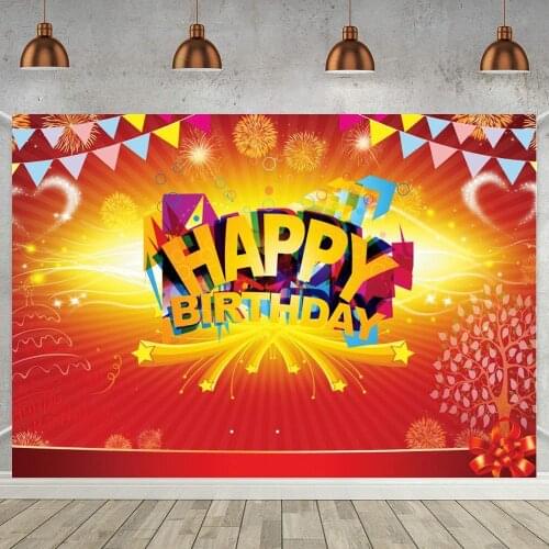 Red Theme Gold Fireworks Happy Birthday Photography Backdrop Family Kids Celebration Cheers Banner Decor Photo Background