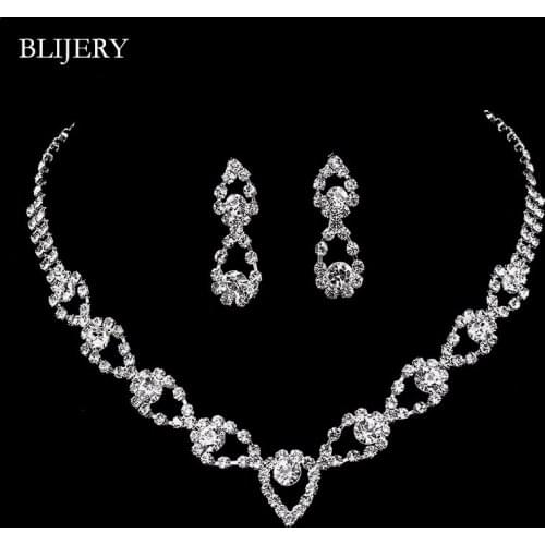 BLIJERY New Fashion Crystal Bridal Jewelry Sets Silver Color Waterdrops Necklace Earrings Party Wedding Jewelry Sets for Women