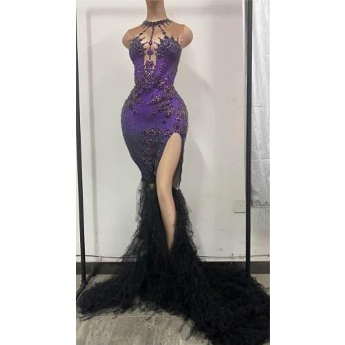 Fashion Wedding Party Rhinestone Mermaid Dress Women Sexy High Slit Evening Trailing Dress Prom Bodycon Dress Stage Costumes