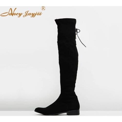 Flock Women Shoes Adult ladies Black Boots Metal-Decoration Over-the-knee Lace-up Square heel Zipper Winter Solid Leisure 2019